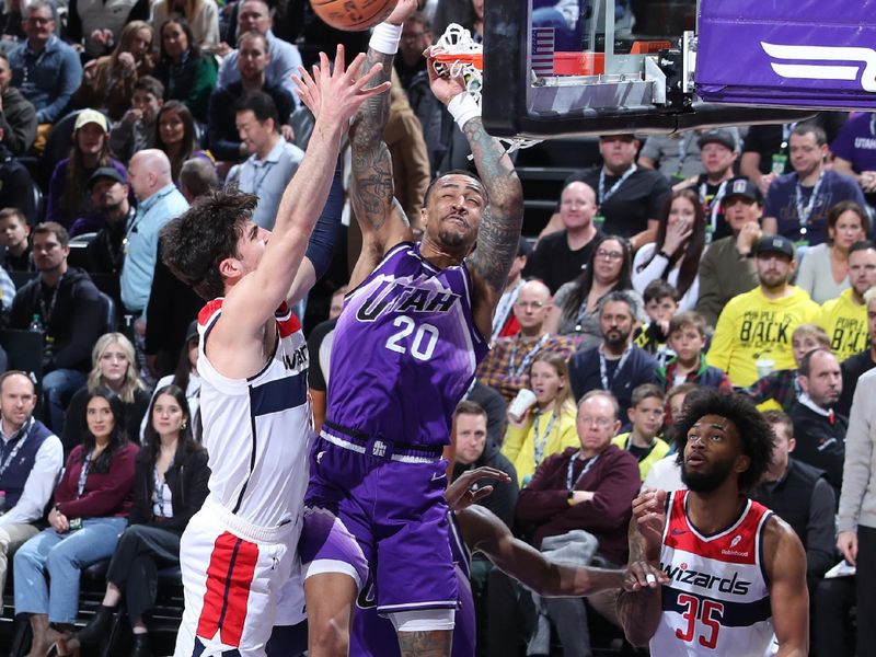 SALT LAKE CITY, UT - MARCH 4:  John Collins #20 of the Utah Jazz goes up for a rebound during the game against the Washington Wizards on March 4, 2024 at vivint.SmartHome Arena in Salt Lake City, Utah. NOTE TO USER: User expressly acknowledges and agrees that, by downloading and or using this Photograph, User is consenting to the terms and conditions of the Getty Images License Agreement. Mandatory Copyright Notice: Copyright 2024 NBAE (Photo by Melissa Majchrzak/NBAE via Getty Images)