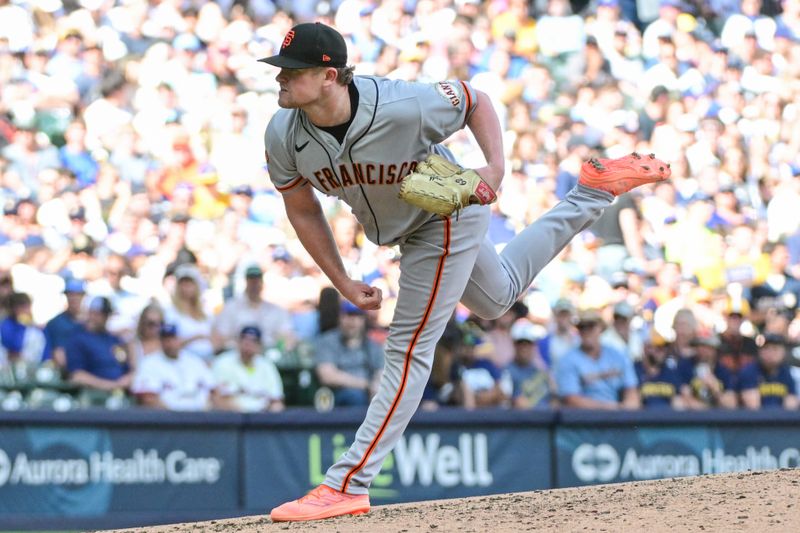 May 27, 2023; Milwaukee, Wisconsin, USA; San Francisco Giants pitcher Logan Webb (62) throws against the Milwaukee Brewers in the seventh inning at American Family Field. Mandatory Credit: Benny Sieu-USA TODAY Sports