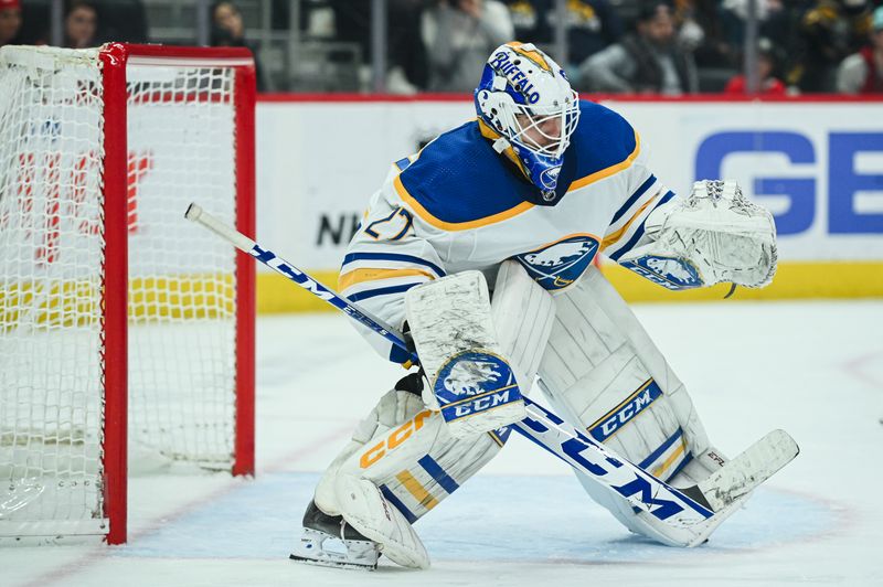 Apr 6, 2023; Detroit, Michigan, USA; Buffalo Sabres goaltender Devon Levi (27) during the second period against the Detroit Red Wings at Little Caesars Arena. Mandatory Credit: Tim Fuller-USA TODAY Sports