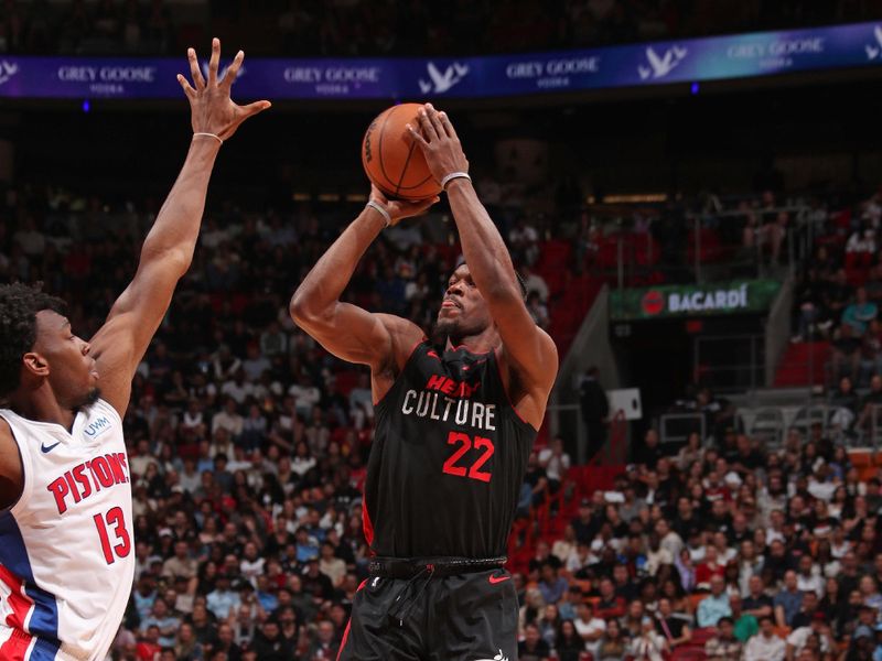 MIAMI, FL - MARCH 5: Jimmy Butler #22 of the Miami Heat three point basket during the game against the Detroit Pistons on March 5, 2024 at Kaseya Center in Miami, Florida. NOTE TO USER: User expressly acknowledges and agrees that, by downloading and or using this Photograph, user is consenting to the terms and conditions of the Getty Images License Agreement. Mandatory Copyright Notice: Copyright 2024 NBAE (Photo by Issac Baldizon/NBAE via Getty Images)