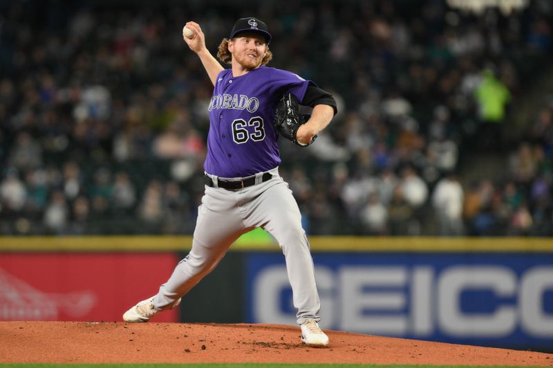 Apr 16, 2023; Seattle, Washington, USA; Colorado Rockies starting pitcher Noah Davis (63) pitches to the Seattle Mariners during the first inning at T-Mobile Park. Mandatory Credit: Steven Bisig-USA TODAY Sports