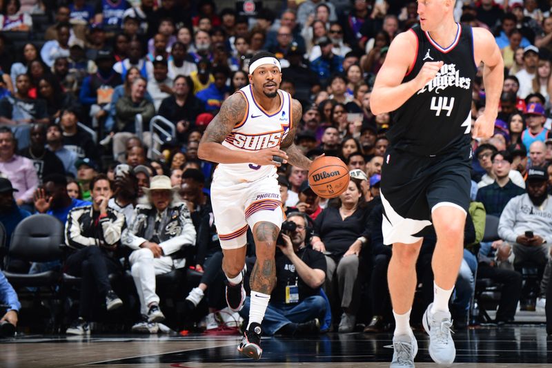 LOS ANGELES, CA - APRIL 10: Bradley Beal #3 of the Phoenix Suns dribbles the ball during the game against the LA Clippers on April 10, 2024 at Crypto.Com Arena in Los Angeles, California. NOTE TO USER: User expressly acknowledges and agrees that, by downloading and/or using this Photograph, user is consenting to the terms and conditions of the Getty Images License Agreement. Mandatory Copyright Notice: Copyright 2024 NBAE (Photo by Adam Pantozzi/NBAE via Getty Images)