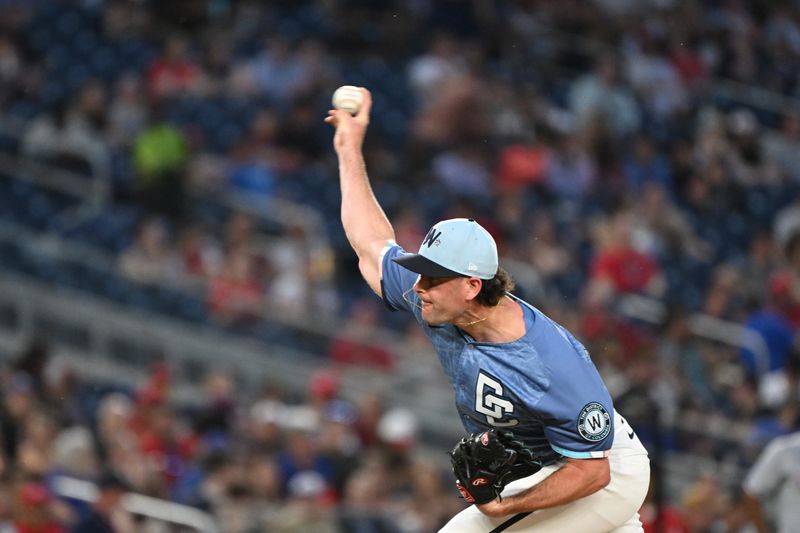 Jun 6, 2025; Washington, District of Columbia, USA; Washington Nationals relief pitcher Kyle Finnegan (67) throws a pitch during the ninth inning against the Texas Rangers at Nationals Park. Mandatory Credit: Rafael Suanes-Imagn Images