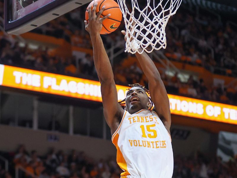 Feb 25, 2023; Knoxville, Tennessee, USA; Tennessee Volunteers guard Jahmai Mashack (15) goes to the basket against the South Carolina Gamecocks during the first half at Thompson-Boling Arena. Mandatory Credit: Randy Sartin-USA TODAY Sports