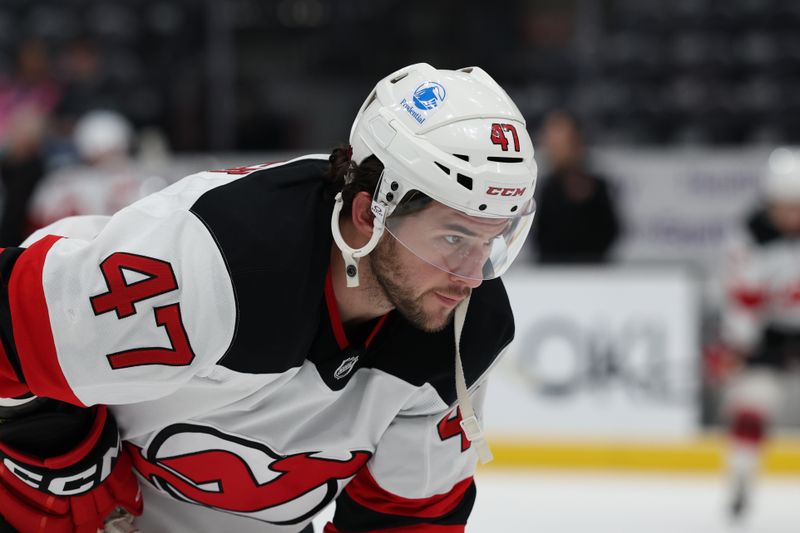 Dec 19, 2025; Salt Lake City, Utah, USA; New Jersey Devils left wing Paul Cotter (47) prepares for the game against the Utah Mammoth at Delta Center. Mandatory Credit: Rob Gray-Imagn Images