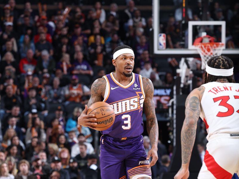 PHOENIX, AZ - MARCH 7: Bradley Beal #3 of the Phoenix Suns handles the ball during the game against the Toronto Raptors on March 7, 2024 at Footprint Center in Phoenix, Arizona. NOTE TO USER: User expressly acknowledges and agrees that, by downloading and or using this photograph, user is consenting to the terms and conditions of the Getty Images License Agreement. Mandatory Copyright Notice: Copyright 2024 NBAE (Photo by Jeff Haynes/NBAE via Getty Images)