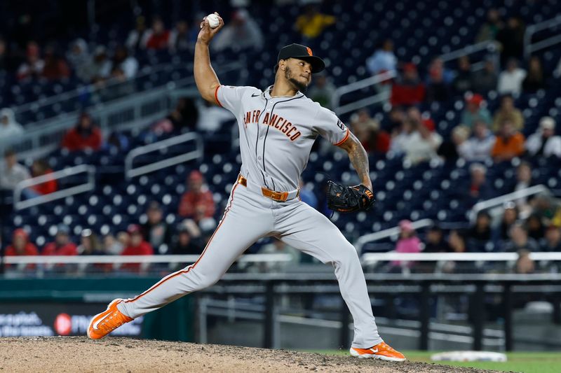 May 23, 2025; Washington, District of Columbia, USA; San Francisco Giants relief pitcher Camilo Doval (75) pitches against the Washington Nationals during the ninth inning at Nationals Park. Mandatory Credit: Geoff Burke-Imagn Images