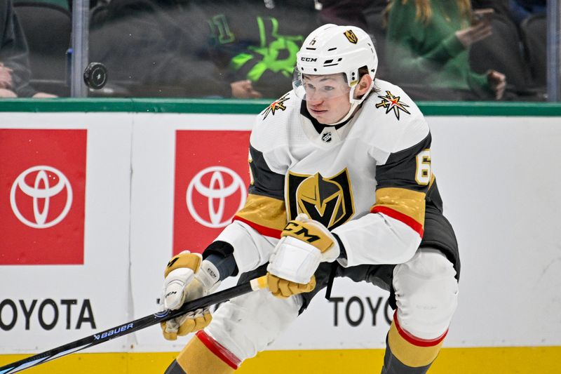 Dec 9, 2023; Dallas, Texas, USA; Vegas Golden Knights defenseman Kaedan Korczak (6) skates against the Dallas Stars during the third period at the American Airlines Center. Mandatory Credit: Jerome Miron-USA TODAY Sports