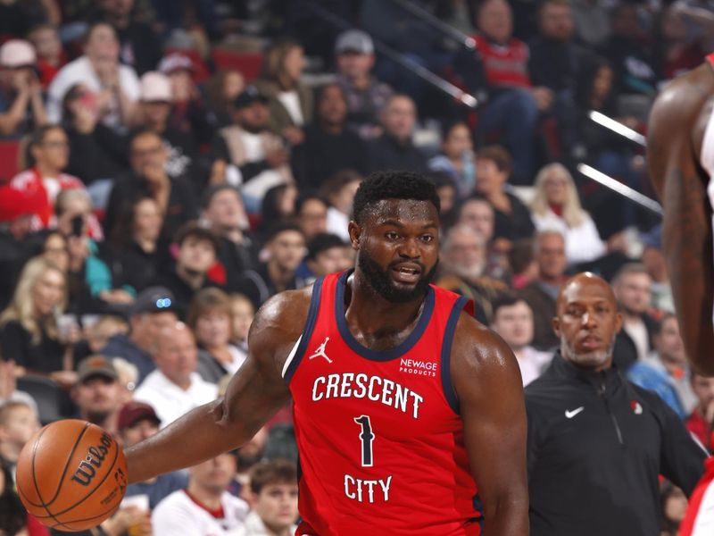 PORTLAND, OR - OCTOBER 27: Zion Williamson #1 of the New Orleans Pelicans handles the ball during the game against the Portland Trail Blazers on October 27, 2024 at the Moda Center Arena in Portland, Oregon. NOTE TO USER: User expressly acknowledges and agrees that, by downloading and or using this photograph, user is consenting to the terms and conditions of the Getty Images License Agreement. Mandatory Copyright Notice: Copyright 2024 NBAE (Photo by Cameron Browne/NBAE via Getty Images)