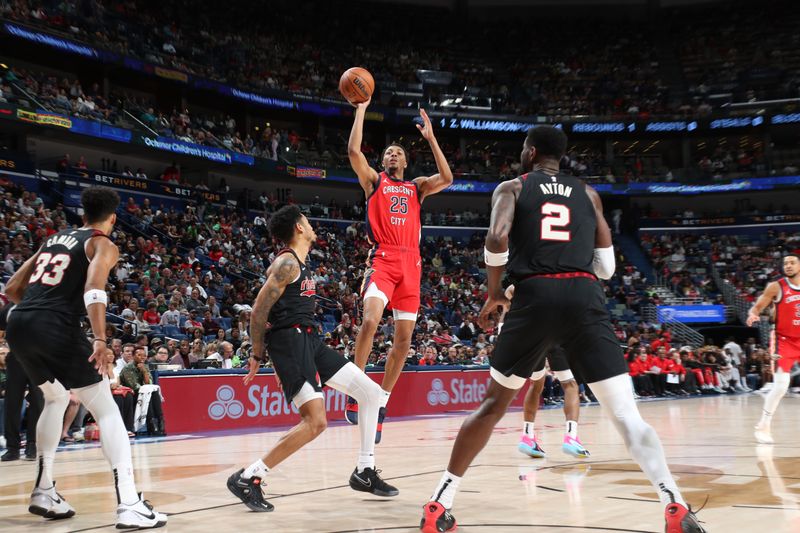 NEW ORLEANS, LA - MARCH 16: Trey Murphy III #25 of the New Orleans Pelicans shoots the ball during the game against the Portland Trail Blazers on March 16, 2024 at the Smoothie King Center in New Orleans, Louisiana. NOTE TO USER: User expressly acknowledges and agrees that, by downloading and or using this Photograph, user is consenting to the terms and conditions of the Getty Images License Agreement. Mandatory Copyright Notice: Copyright 2024 NBAE (Photo by Layne Murdoch Jr./NBAE via Getty Images)