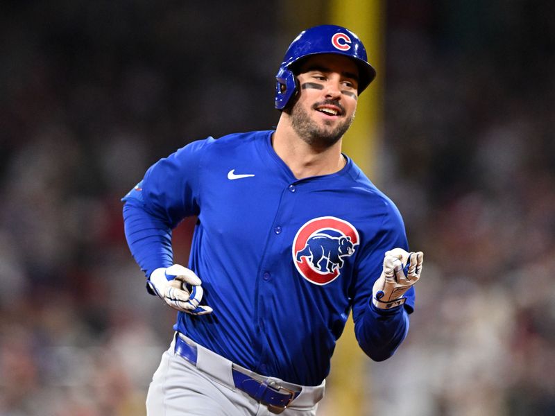 Apr 28, 2024; Boston, Massachusetts, USA; Chicago Cubs right fielder Mike Tauchman (40) reacts after hitting a three-run home run against the Boston Red Sox during the eighth inning at Fenway Park. Mandatory Credit: Brian Fluharty-USA TODAY Sports