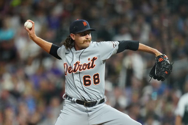 Jul 1, 2023; Denver, Colorado, USA; Detroit Tigers relief pitcher Jason Foley (68) delivers a pitch in the eighth inning against the Colorado Rockies at Coors Field. Mandatory Credit: Ron Chenoy-USA TODAY Sports