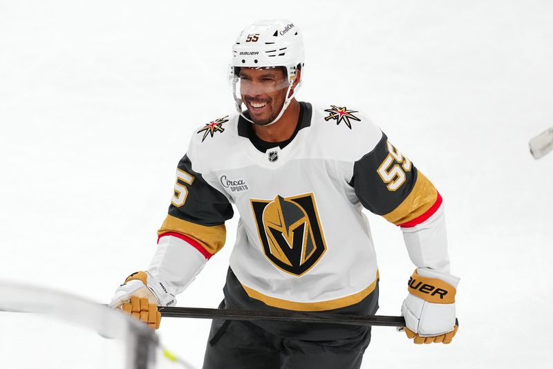 Oct 25, 2024; Las Vegas, Nevada, USA; Vegas Golden Knights right wing Keegan Kolesar (55) celebrates after scoring a goal against the Ottawa Senators during the third perod at T-Mobile Arena. Mandatory Credit: Stephen R. Sylvanie-Imagn Images