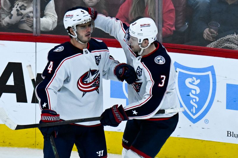 Jan 30, 2026; Chicago, Illinois, USA;  Columbus Blue Jackets  center Charlie Coyle (3) hugs center Cole Sillinger (4) a goal against the Chicago Blackhawks during the third period at the United Center. Mandatory Credit: Matt Marton-Imagn Images