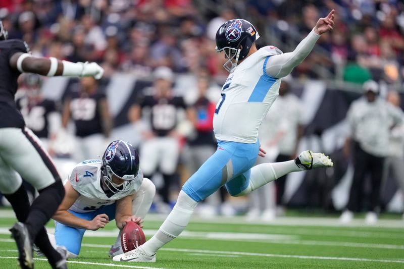 Tennessee Titans place-kicker Nick Folk (6) kicks a field goal during the first half of an NFL football game against the Houston Texans, Sunday, Nov. 24, 2024, in Houston. (AP Photo/Eric Christian Smith)