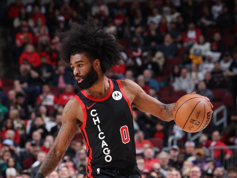 CHICAGO, IL - JANUARY 30: Coby White #0 of the Chicago Bulls dribbles the ball during the game against the Toronto Raptors on January 30, 2024 at United Center in Chicago, Illinois. NOTE TO USER: User expressly acknowledges and agrees that, by downloading and or using this photograph, User is consenting to the terms and conditions of the Getty Images License Agreement. Mandatory Copyright Notice: Copyright 2024 NBAE (Photo by Jeff Haynes/NBAE via Getty Images)