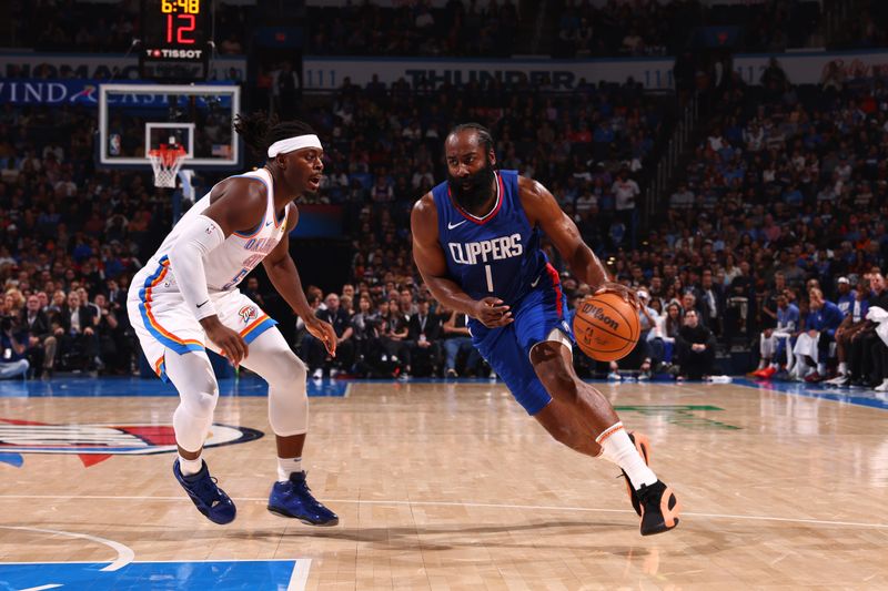 OKLAHOMA CITY, OK - FEBRUARY 22:  James Harden #1 of the LA Clippers handles the ball during the game against the Oklahoma City Thunder on February 22, 2024 at Paycom Arena in Oklahoma City, Oklahoma. NOTE TO USER: User expressly acknowledges and agrees that, by downloading and or using this photograph, User is consenting to the terms and conditions of the Getty Images License Agreement. Mandatory Copyright Notice: Copyright 2024 NBAE (Photo by Zach Beeker/NBAE via Getty Images)