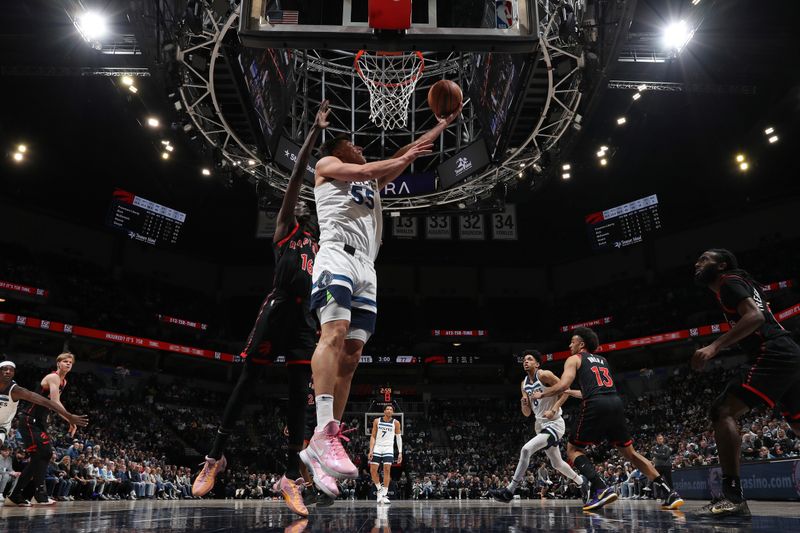 MINNEAPOLIS, MN -  APRIL 3: Luka Garza #55 of the Minnesota Timberwolves shoots the ball during the game against the Toronto Raptors  on April 3, 2024 at Target Center in Minneapolis, Minnesota. NOTE TO USER: User expressly acknowledges and agrees that, by downloading and or using this Photograph, user is consenting to the terms and conditions of the Getty Images License Agreement. Mandatory Copyright Notice: Copyright 2024 NBAE (Photo by Jordan Johnson/NBAE via Getty Images)