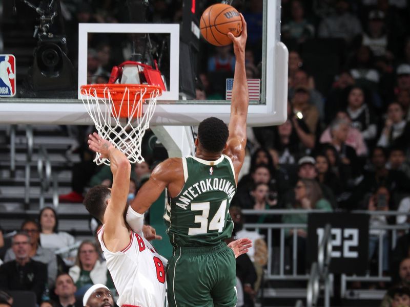 MILWAUKEE, WI - NOVEMBER 20: Giannis Antetokounmpo #34 of the Milwaukee Bucks drives to the basket during the game against the Chicago Bulls on November 20, 2024 at the Fiserv Forum Center in Milwaukee, Wisconsin. NOTE TO USER: User expressly acknowledges and agrees that, by downloading and or using this Photograph, user is consenting to the terms and conditions of the Getty Images License Agreement. Mandatory Copyright Notice: Copyright 2024 NBAE (Photo by Gary Dineen/NBAE via Getty Images).