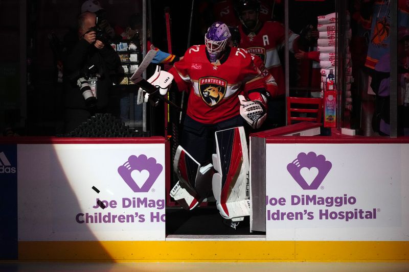 Nov 20, 2023; Sunrise, Florida, USA; Florida Panthers goaltender Sergei Bobrovsky (72) takes to the ice prior to warm up prior to  the game against the Edmonton Oilers at Amerant Bank Arena. Mandatory Credit: Jasen Vinlove-USA TODAY Sports