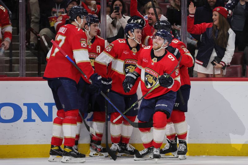 Dec 23, 2023; Sunrise, Florida, USA; Florida Panthers center Sam Bennett (9) looks on after scoring against the Vegas Golden Knights during the second period at Amerant Bank Arena. Mandatory Credit: Sam Navarro-USA TODAY Sports