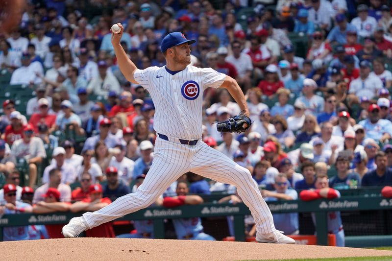 Aug 3, 2024; Chicago, Illinois, USA; Chicago Cubs pitcher Jameson Taillon (50) throws the ball against the St. Louis Cardinals during the first inning at Wrigley Field. Mandatory Credit: David Banks-USA TODAY Sports
