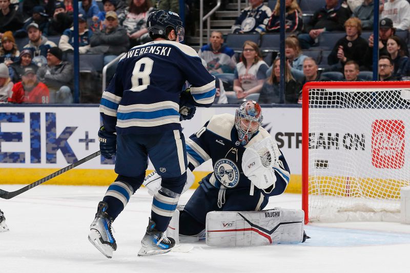 Feb 29, 2024; Columbus, Ohio, USA; Columbus Blue Jackets goalie Daniil Tarasov (40) makes a glove save against the Carolina Hurricanes during the second period at Nationwide Arena. Mandatory Credit: Russell LaBounty-USA TODAY Sports