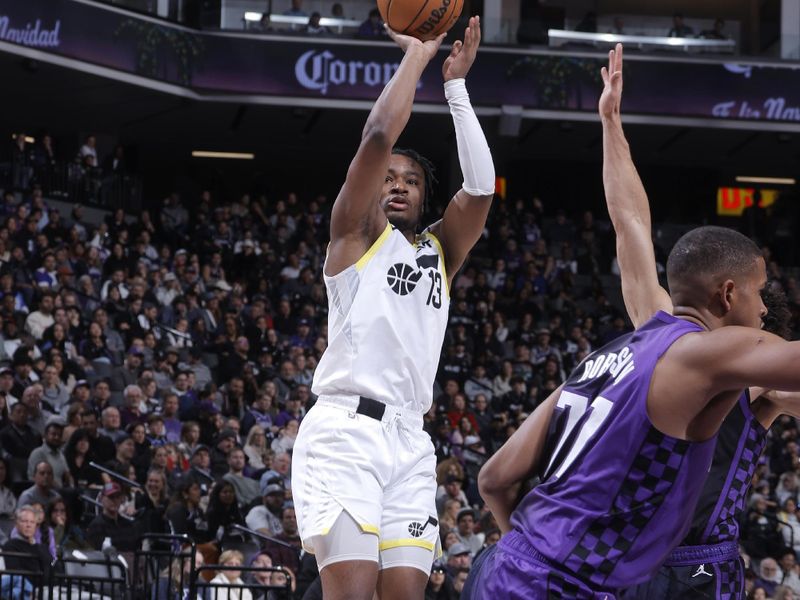 SACRAMENTO, CA - DECEMBER 8: Isaiah Collier #13 of the Utah Jazz shoots the ball during the game against the Sacramento Kings on December 8, 2024 at Golden 1 Center in Sacramento, California. NOTE TO USER: User expressly acknowledges and agrees that, by downloading and or using this Photograph, user is consenting to the terms and conditions of the Getty Images License Agreement. Mandatory Copyright Notice: Copyright 2024 NBAE (Photo by Rocky Widner/NBAE via Getty Images)