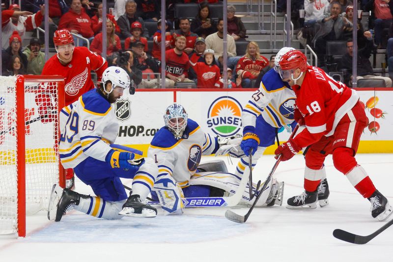 Nov 2, 2024; Detroit, Michigan, USA; Buffalo Sabres right wing Alex Tuch (89) looks on as the puck falls back to the ice during the second period of the game against the Detroit Red Wings at Little Caesars Arena. Mandatory Credit: Brian Bradshaw Sevald-Imagn Images