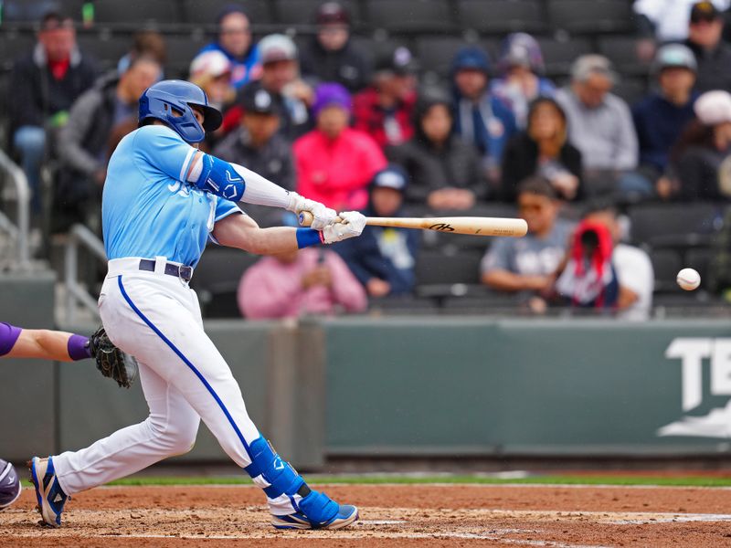 Mar 19, 2023; Summerlin, Nevada, USA; Kansas City Royals second baseman Michael Massey (19) bats against the Colorado Rockies during the third inning at Las Vegas Ballpark. Mandatory Credit: Stephen R. Sylvanie-USA TODAY Sports