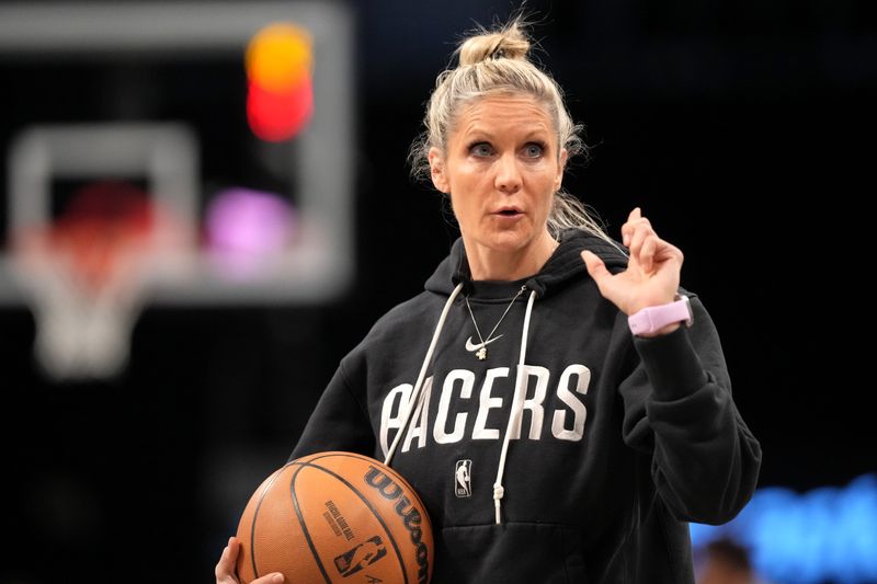 BROOKLYN, NY - January 6: Assistant Coach Jenny Boucek of the Indiana Pacers looks on before the game against the Brooklyn Nets on January 6, 2025 at Barclays Center in Brooklyn, New York. NOTE TO USER: User expressly acknowledges and agrees that, by downloading and or using this Photograph, user is consenting to the terms and conditions of the Getty Images License Agreement. Mandatory Copyright Notice: Copyright 2025 NBAE (Photo by Catalina Fragoso/NBAE via Getty Images)