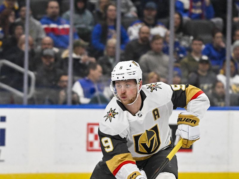 Dec 6, 2023; St. Louis, Missouri, USA;  Vegas Golden Knights center Jack Eichel (9) controls the puck against the St. Louis Blues during the third period at Enterprise Center. Mandatory Credit: Jeff Curry-USA TODAY Sports