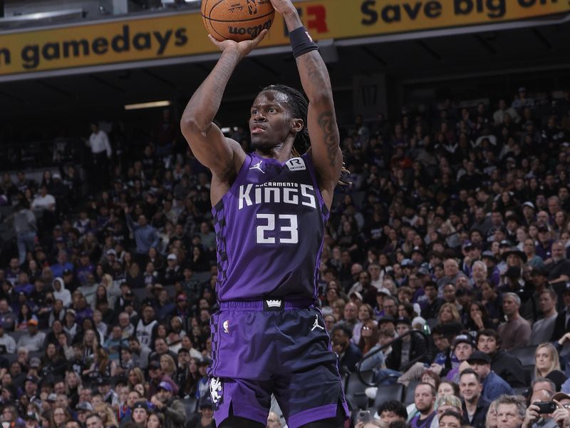 SACRAMENTO, CA - JANUARY 1:  Keon Ellis #23 of the Sacramento Kings shoots the ball during the game against the Philadelphia 76ers on January 1, 2025 at Golden 1 Center in Sacramento, California. NOTE TO USER: User expressly acknowledges and agrees that, by downloading and or using this Photograph, user is consenting to the terms and conditions of the Getty Images License Agreement. Mandatory Copyright Notice: Copyright 2025 NBAE (Photo by Rocky Widner/NBAE via Getty Images)