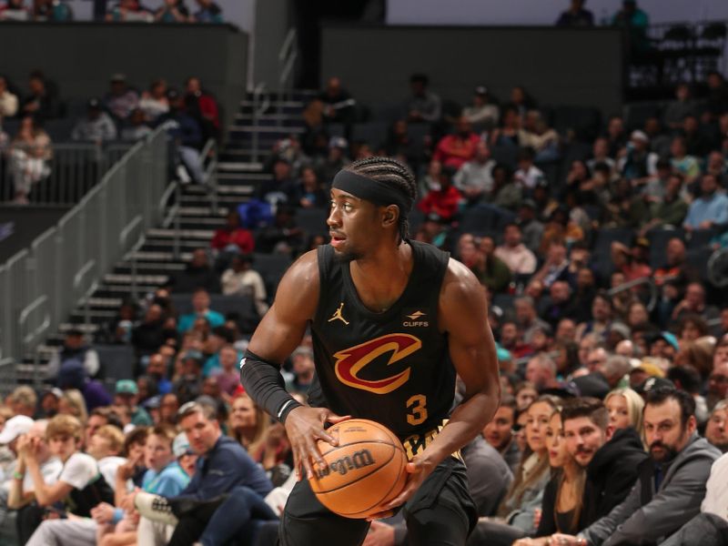 CHARLOTTE, NC - MARCH 27: Caris LeVert #3 of the Cleveland Cavaliers handles the ball during the game  on March 27, 2024 at Spectrum Center in Charlotte, North Carolina. NOTE TO USER: User expressly acknowledges and agrees that, by downloading and or using this photograph, User is consenting to the terms and conditions of the Getty Images License Agreement. Mandatory Copyright Notice: Copyright 2024 NBAE (Photo by Kent Smith/NBAE via Getty Images)