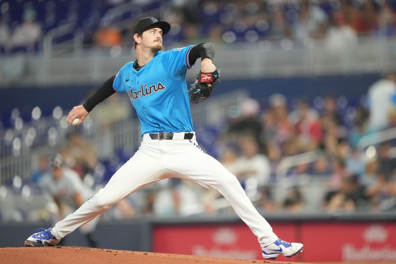 Sep 14, 2025; Miami, Florida, USA;  Miami Marlins starting pitcher Adam Mazur (60) pitches in the first inning against the Detroit Tigers at loanDepot Park. Mandatory Credit: Jim Rassol-Imagn Images
