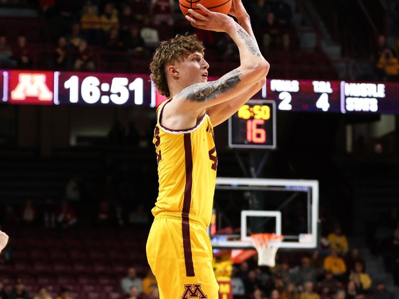 Jan 25, 2023; Minneapolis, Minnesota, USA; Minnesota Golden Gophers center Treyton Thompson (42) shoots against the Indiana Hoosiers during the first half at Williams Arena. Mandatory Credit: Matt Krohn-USA TODAY Sports