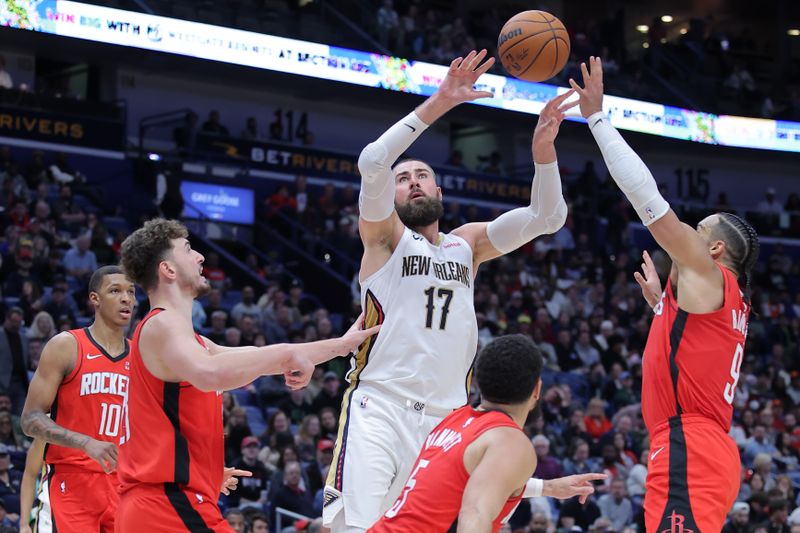 NEW ORLEANS, LOUISIANA - FEBRUARY 22: Jonas Valanciunas #17 of the New Orleans Pelicans passes the ball during the second half against the Houston Rockets at the Smoothie King Center on February 22, 2024 in New Orleans, Louisiana. NOTE TO USER: User expressly acknowledges and agrees that, by downloading and or using this Photograph, user is consenting to the terms and conditions of the Getty Images License Agreement. (Photo by Jonathan Bachman/Getty Images)