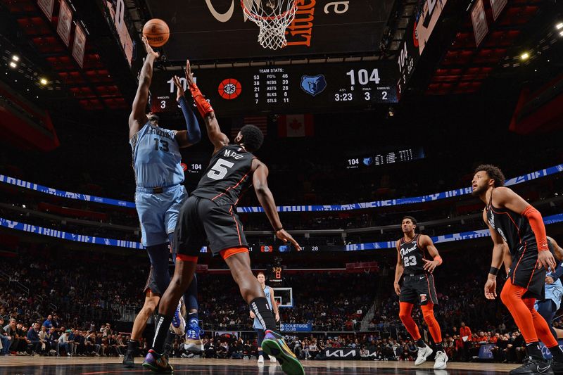 DETROIT, MI - APRIL 1: Jaren Jackson Jr. #13 of the Memphis Grizzlies shoots the ball during the game against the Detroit Pistons on April 1, 2024 at Little Caesars Arena in Detroit, Michigan. NOTE TO USER: User expressly acknowledges and agrees that, by downloading and/or using this photograph, User is consenting to the terms and conditions of the Getty Images License Agreement. Mandatory Copyright Notice: Copyright 2024 NBAE (Photo by Chris Schwegler/NBAE via Getty Images)