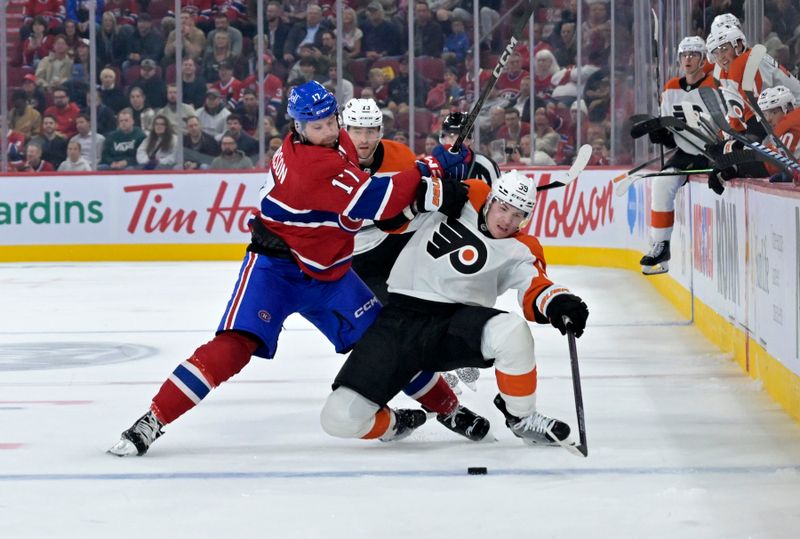 Sep 23, 2024; Montreal, Quebec, CAN; Montreal Canadiens forward Josh Anderson (17) checks Philadelphia Flyers defenseman Oliver Bonk (59) during the third period at the Bell Centre. Mandatory Credit: Eric Bolte-Imagn Images