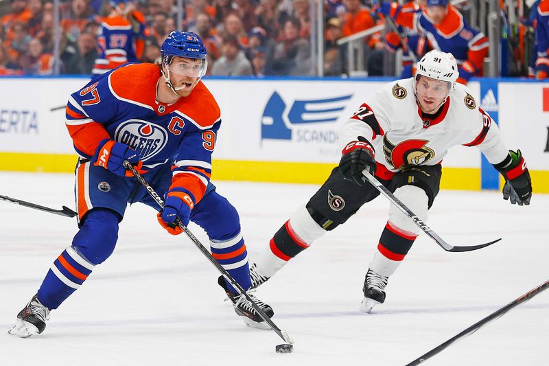 Jan 6, 2024; Edmonton, Alberta, CAN; Edmonton Oilers forward Connor McDavid (97) controls the puck against Ottawa Senators forward Vladimir Tarasenko (91) during the first period at Rogers Place. Mandatory Credit: Perry Nelson-USA TODAY Sports