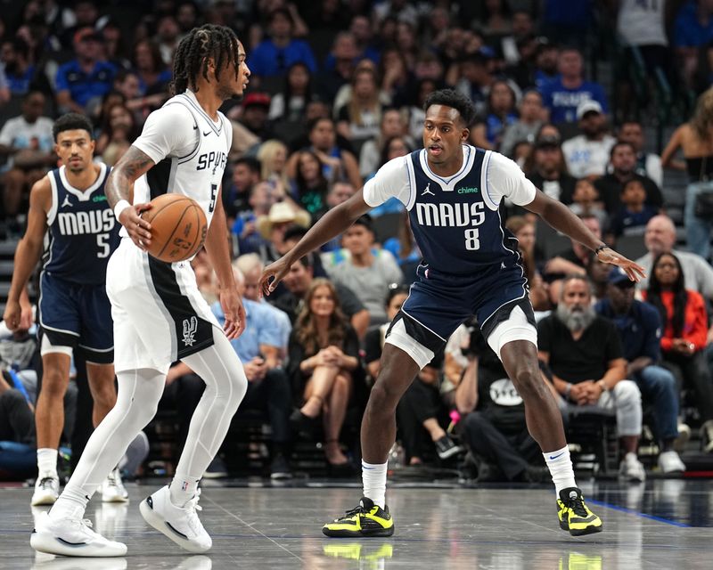 DALLAS, TX - OCTOBER 24: Olivier-Maxence Prosper #8 of the Dallas Mavericks plays defense during the game against the San Antonio Spurs on October 24, 2024 at the American Airlines Center in Dallas, Texas. NOTE TO USER: User expressly acknowledges and agrees that, by downloading and or using this photograph, User is consenting to the terms and conditions of the Getty Images License Agreement. Mandatory Copyright Notice: Copyright 2024 NBAE (Photo by Glenn James/NBAE via Getty Images)