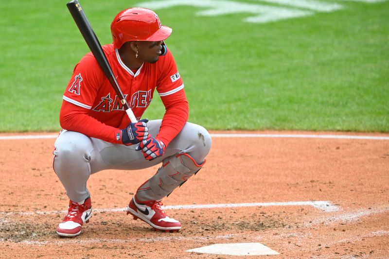 May 31, 2025; Cleveland, Ohio, USA; Los Angeles Angels right fielder Jorge Soler (12) reacts after striking out in the fifth inning against the Cleveland Guardians at Progressive Field. Mandatory Credit: David Richard-Imagn Images