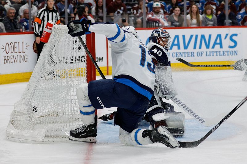 Apr 13, 2024; Denver, Colorado, USA; Winnipeg Jets center Gabriel Vilardi (13) scores a goal past Colorado Avalanche goaltender Alexandar Georgiev (40) in the first period at Ball Arena. Mandatory Credit: Isaiah J. Downing-USA TODAY Sports