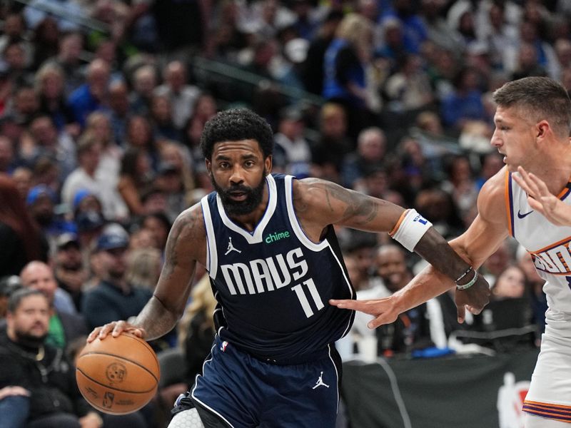 DALLAS, TX - NOVEMBER 8: Kyrie Irving #11 of the Dallas Mavericks dribbles the ball during the game against the Phoenix Suns on November 6, 2024 at the American Airlines Center in Dallas, Texas. NOTE TO USER: User expressly acknowledges and agrees that, by downloading and or using this photograph, User is consenting to the terms and conditions of the Getty Images License Agreement. Mandatory Copyright Notice: Copyright 2024 NBAE (Photo by Glenn James/NBAE via Getty Images)