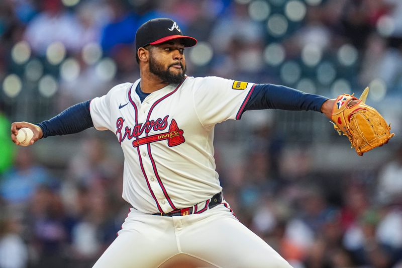 Sep 5, 2024; Cumberland, Georgia, USA; Atlanta Braves starting pitcher Reynaldo Lopez (40) pitches against the Colorado Rockies during the second inning at Truist Park. Mandatory Credit: Dale Zanine-Imagn Images