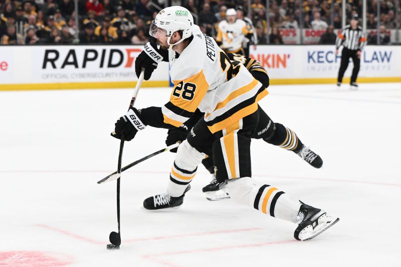 Mar 9, 2024; Boston, Massachusetts, USA; Pittsburgh Penguins defenseman Marcus Pettersson (28) takes a shot against the Boston Bruins during the second period at the TD Garden. Mandatory Credit: Brian Fluharty-USA TODAY Sports