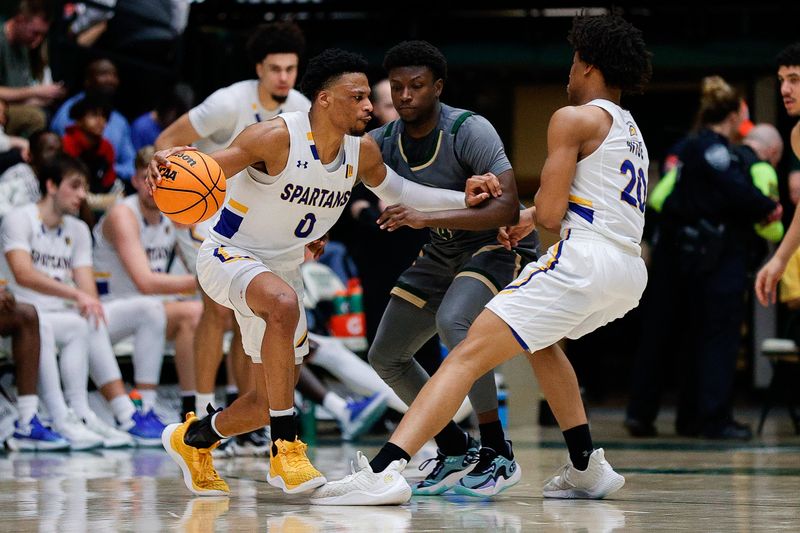 Feb 9, 2024; Fort Collins, Colorado, USA; San Jose State Spartans guard Myron Amey Jr. (0) controls the ball as forward Christian Wise (20) screens Colorado State Rams guard Isaiah Stevens (4) in the second half at Moby Arena. Mandatory Credit: Isaiah J. Downing-USA TODAY Sports