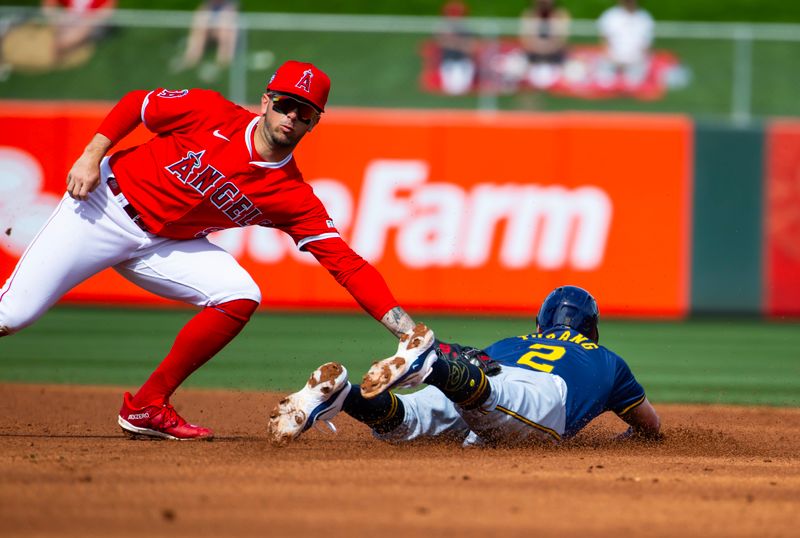 Feb 27, 2024; Tempe, Arizona, USA; Los Angeles Angels infielder Zach Neto (left) tags out Milwaukee Brewers base runner Brice Turang on a stolen base attempt during a spring training game at Tempe Diablo Stadium. Mandatory Credit: Mark J. Rebilas-USA TODAY Sports