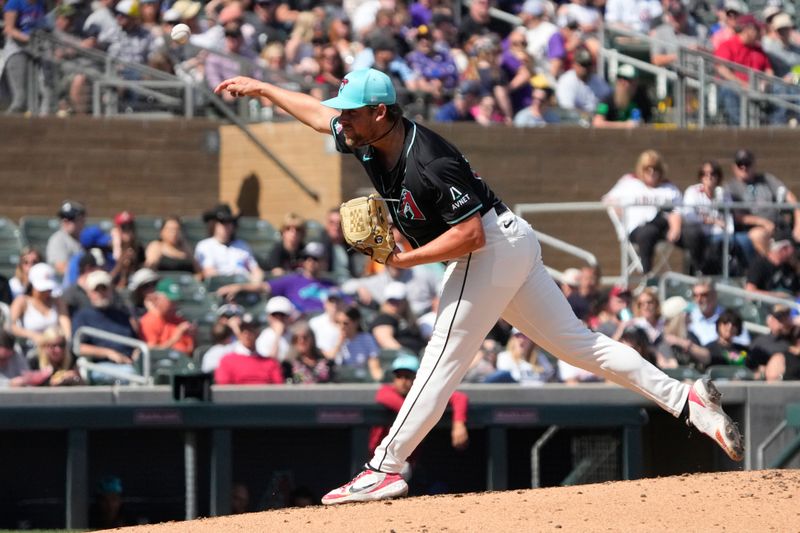 Mar 8, 2024; Salt River Pima-Maricopa, Arizona, USA; Arizona Diamondbacks relief pitcher Kevin Ginkel (37) throws against the Chicago Cubs in the fourth inning at Salt River Fields at Talking Stick. Mandatory Credit: Rick Scuteri-USA TODAY Sports