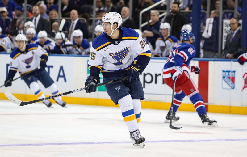 Nov 25, 2024; New York, New York, USA; St. Louis Blues center Jordan Kyrou (25) skates against the New York Rangers during the second period at Madison Square Garden. Mandatory Credit: Danny Wild-Imagn Images